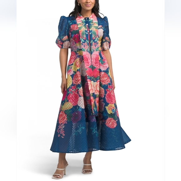Dalia Macphee Puff Sleeve Tie Neck Floral Maxi Dress - Picture 3 of 7